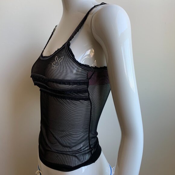 Playboy black stretchy mesh lingerie cami top with  crystal bunny - Picture 5 of 5